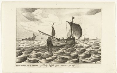 Haringbuizen Haring Buyssen groot około 40 Last / Buche ou Flibot de 40 Tonneaux (tytuł na obiekcie) Hollandse scheepstypen, 1627 (tytuł serii) Różne statki Don ton se sert dans les Unies Provinces / Ikony różnych holenderskich statków, których użycie autorstwa Robert de Baudous (possibly)