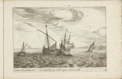 Wijdschip lichter Een Wyt-schip ofte Lichter groot około 30 Last / Lichter de 30 Tonneaux (tytuł na obiekcie) Różnorodne statki nie pływają na se sert dans les Provinces Unies autorstwa Robert de Baudous (possibly)