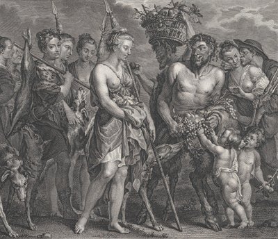 Diana wracająca z pościgu, w towarzystwie psów i jej nimf po lewej stronie, dwóch satyrów..., ca. 1808 autorstwa Robert de Launay