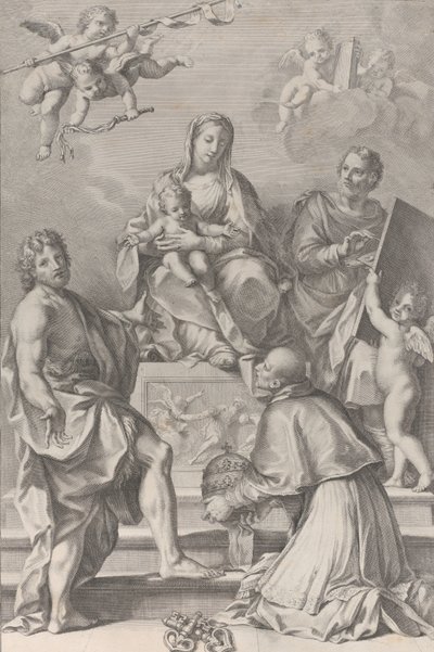 Madonna z Dzieciątkiem w centrum ze św. Janem Chrzcicielem, św. Łukaszem, papieżem Piotrem Celestini,..., 1694. autorstwa Robert van Audenaerde