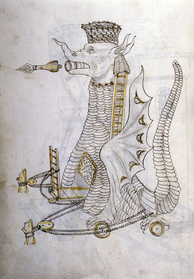 Sztuka wojny: nauka maszyn wojskowych. „Arabica machina”, arabska maszyna do oblegania miasta, ilustracja z „De re Militari” inżyniera Roberto Valturio (1413-1483?) autorstwa Roberto Valturio