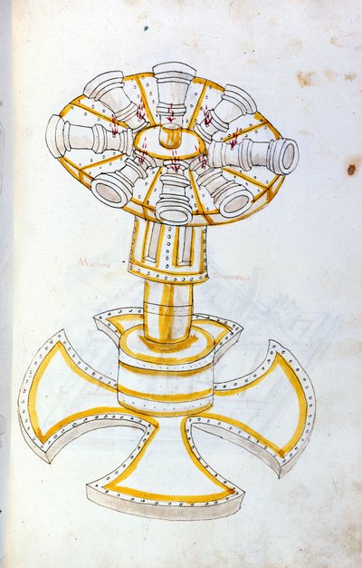 Sztuka wojny: nauka maszyn wojskowych. obrotowe działo, ilustracja z „De re Militari” inżyniera Roberto Valturio (1405-1483?) autorstwa Roberto Valturio