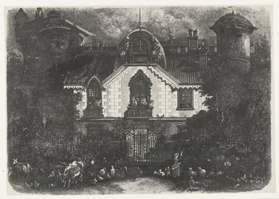 Dom z wieżą za ogrodzeniem i pasterzem z bydłem La maison enchantee autorstwa Rodolphe Bresdin