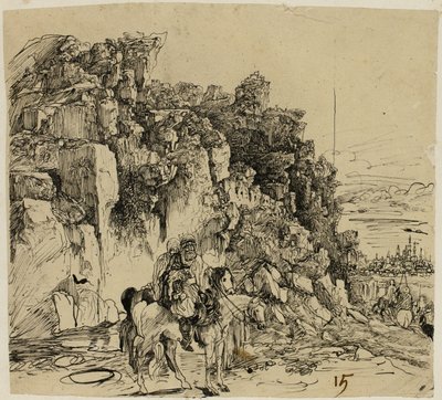 Górzysty krajobraz z jeźdźcami autorstwa Rodolphe Bresdin
