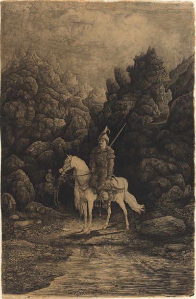 Orientalny jeździec w opustoszałym górskim krajobrazie autorstwa Rodolphe Bresdin