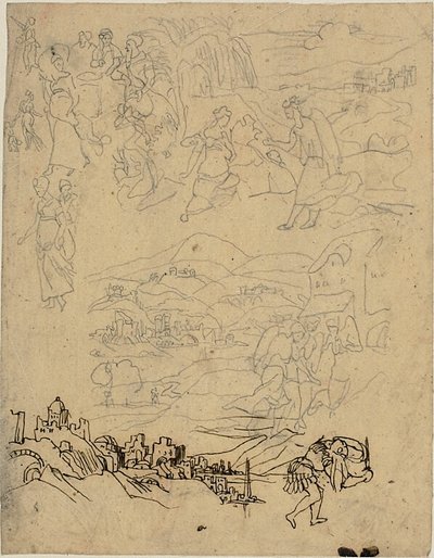 Szkice scen biblijnych, miasto nad jeziorem, górska wioska, wojownik autorstwa Rodolphe Bresdin