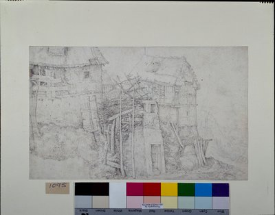 Domy kryte strzechą, częściowo w ruinie, na zboczu góry (pióro i atrament z kredą na papierze) autorstwa Roelandt Jacobsz. Savery