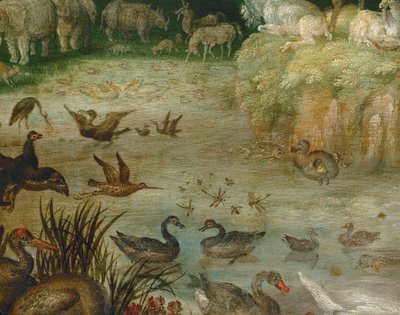 Staw. Zwierzęta pijące, kaczki pływające, jednorożec w tle (obraz na płótnie) autorstwa Roelandt Jacobsz. Savery