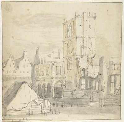 Ruiny Ratusza Staromiejskiego w Amsterdamie po pożarze w 1652 r. autorstwa Roelant Roghman (attributed to)