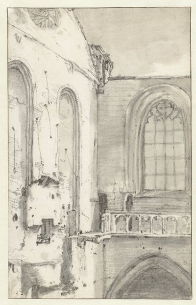 Widok transeptu Nieuwe Kerk, Amsterdam, po pożarze 1645 autorstwa Roelant Roghman (attributed to)