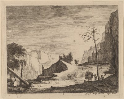 Górski krajobraz z wózkiem: pl.8 autorstwa Roelant Roghman and Melchior Küsel