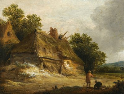 Dwie postacie przechodzące drogą przed chatą autorstwa Roelof Jansz van Vries