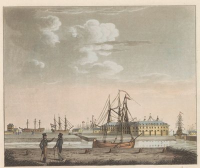 Rijkswerf Willemsoord, ok. 1825 Widok na Willemsoord na czystym - na Nieuwendiep i wejście do dużego Kanału Noord-Hollandsch / Vue de Willemsoord au clear prês du Nieuwendiep, et L