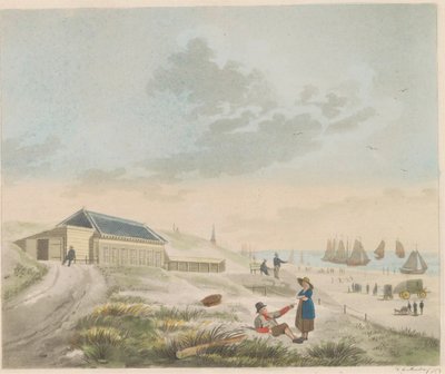 Plaża w Scheveningen, ok. 1825 Widok na plażę i wydmy w Scheveningen i Prezentacja łaźni pana Pronka / Vue du rivage et des dunes a Scheveninge etpresentation des Bains appartement à mons.r Pronk (tytuł na obiekcie) autorstwa Roelof van der Meulen