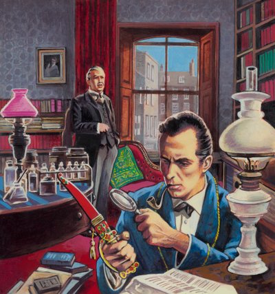 Sherlock Holmes w swoim gabinecie (gwasz na papierze) autorstwa Roger (after) Payne