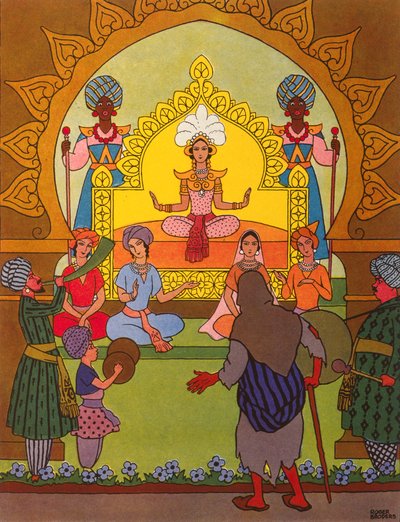 Pari Banou siedząca na złotym tronie, ilustracja do książki "Książę Ahmed i wróżka Pari Banou" z "Nocy arabskich autorstwa Roger Broders