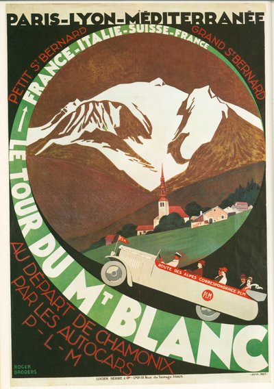 Roger Broders: Le Tour du Mont Blanc au départ de Chamonix par les Autocars P ... (litho) autorstwa Roger Broders