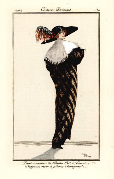 Kobieta w długim płaszczu z futra wydry z gronostajowym kołnierzem, czarny kapelusz z wielokolorowym piórem, akwaforta według ilustracji Rogera Brodersa z Journal des Dames et des Modes Tommaso Antonginiego, Aux Bureaux du Journal des Dames, Paryż autorstwa Roger Broders