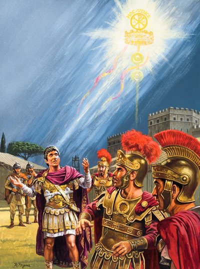 Wizja chrześcijańskiego krzyża Konstantyna przed bitwą o Most Milwijski (gwasz na papierze) autorstwa Roger Payne