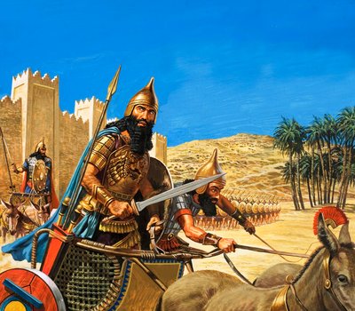 Król Hammurabi wyrusza na wojnę, a jego rydwan zaprzężony jest w osły wyjątkowo wytrzymałej rasy autorstwa Roger Payne