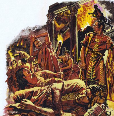 Pompeje podczas erupcji Wezuwiusza (kolorowa litografia) autorstwa Roger Payne