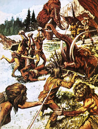 Prehistoryczni ludzie atakujący mamuty autorstwa Roger Payne