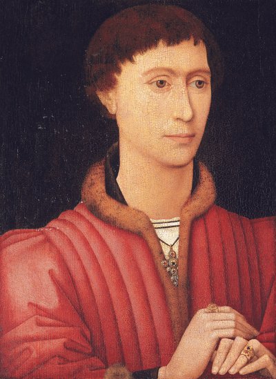 Portret młodzieńca, do biustu, w czerwonym dublecie obszytym futrem, ok. 1450-60 (olej na desce) autorstwa Rogier van der (circle of) Weyden