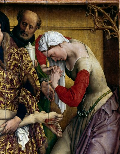 Osadzanie lub zejście krzyża. Szczegóły Sainte Marie Madeleine. Ołtarz Rogiera (Roger) Van Der Weyden (1400-1464) 1435 wym. 2,20 x 0,35 m Madryt, Musee du Prado - Osadzanie lub zejście z krzyża. Szczegóły św. Marii Magdaleny. Ołtarz autorstwa Rogier van der Weyden