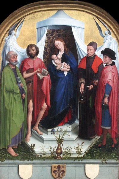 Madonna ze świętymi Piotrem, Janem Chrzcicielem, świętymi Kosmą i Damianem autorstwa Rogier van der Weyden