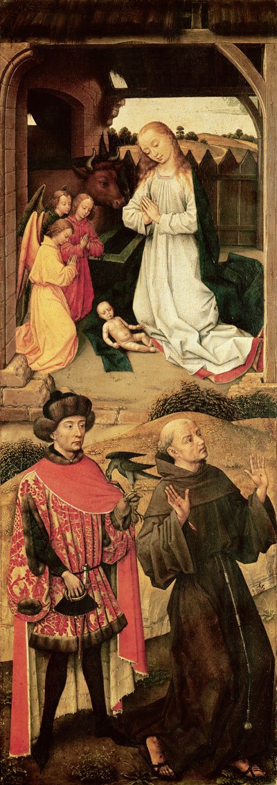Tryptyk Kalwarii (lewy panel, w górnej części Narodzenia, św. Franciszek z Asyżu i ewentualnie św. Juliana Szpitalnika w dolnej części) autorstwa Rogier van der Weyden