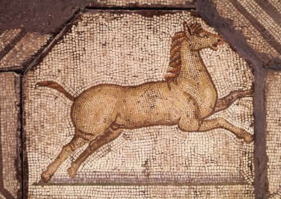 Koń, fragment z Orfeusza Czarujący Zwierzęta (mozaika) autorstwa Roman