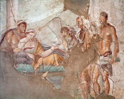 Bankiet, prawdopodobnie królowa Numidii Sophonisba popełniająca samobójstwo przez wypicie trucizny (fresk autorstwa Roman