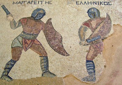 Walka dwóch Gladiatorów, Dom Gladiatorów, Kourion, Cypr (mozaika) autorstwa Roman