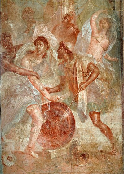 Achilles, przebrany w kobiety, jest rozpoznawany przez Ulissesa wśród córek Lycomede jako fresk Scyros z Pompei. I wiek naszej ery. Ciemny. 145,5x137,5 cm Neapol, narodowe muzeum archeologiczne - sztuka rzymska. Gwałtowna walka między mieszkańcami Pompejów autorstwa Roman
