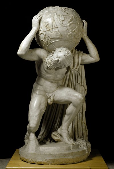 Atlas Farnese Atlas z niebiańskim globusem symbolizującym wiedzę astronomiczną z tamtego okresu. Rzymska rzeźba z marmuru według greckiego oryginału. II wiek. Ciemny. 191 cm Museo Archeologico Nazionale, Neapol autorstwa Roman