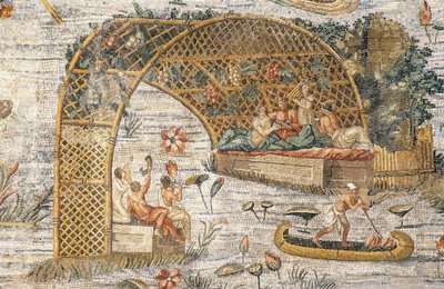 Bankiet pod pergolą, fragment z mozaiki nilotycznej przedstawiającej powódź rzeki Nilu w Egipcie, z Sanktuarium Fortuna Primigenia w Palestrinie, Lacjum, Włochy, cywilizacja rzymska autorstwa Roman