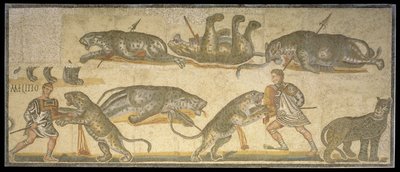 Bitwa gladiatorów i dzikich kotów, 320 AD (mozaika) autorstwa Roman