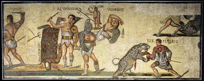 Bitwa gladiatorów i dzikich kotów, 320 AD (mozaika) autorstwa Roman