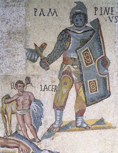 Bitwa gladiatorów, detal przedstawiający gladiatora uzbrojonego w sztylet i tarczę, 320 r. n.e. (mozaika) autorstwa Roman