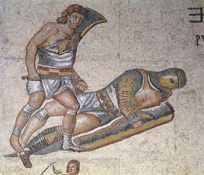 Bitwa między gladiatorami, detal przedstawiający gladiatora przygważdżającego innego do ziemi, 320 r. n.e. (mozaika) autorstwa Roman