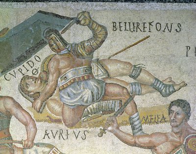 Bitwa gladiatorów, fragment gladiatora przygważdżającego drugiego do ziemi, 320 AD (mozaika) autorstwa Roman
