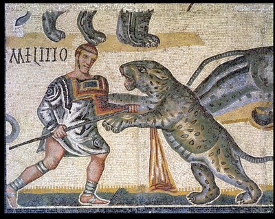 Bitwa gladiatorów przeciwko żbikom, szczegół przedstawiający gladiatora biegnącego przez żbika, 320 ne (mozaika) autorstwa Roman