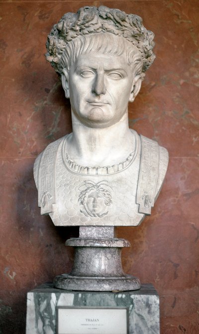 Popiersie cesarza Trajana z wieńcem laurowym i Meduzą na torsie (rzeźba z marmuru, 98-117) autorstwa Roman