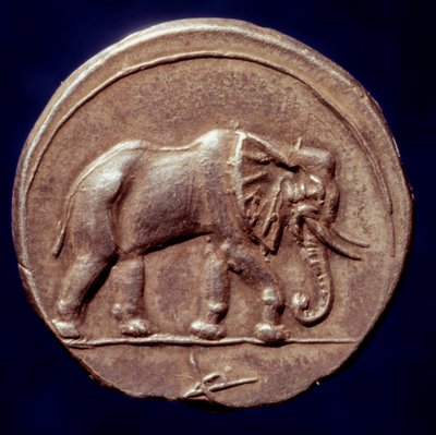 Cywilizacja kartagińska: medal przedstawiający słonia, który pozwolił generałowi Kartaginy Hannibalowi (247-183 p.n.e.) przekroczyć Alpy w 218 p.n.e. podczas drugiej wojny punickiej. III wiek p.n.e. Paryż, B.N. autorstwa Roman