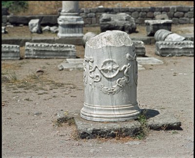 Kolumna ozdobiona symbolem boga Asklepiosa. Sanktuarium Asklepios (283 do 133 pne) autorstwa Roman