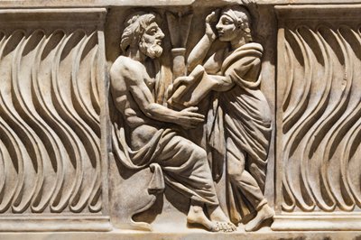 Dekoracja na sarkofagu, wizerunek filozofa i muzy (marmur) autorstwa Roman