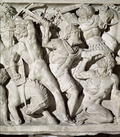 Fragment sarkofagu przedstawiający bitwę między Rzymianami i Galacjanami w kamieniu autorstwa Roman