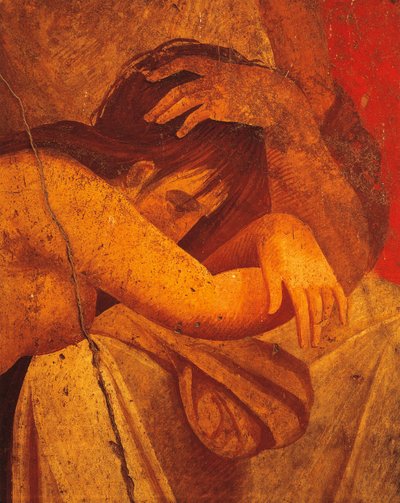 Detal fresku przedstawiającego biczowiec, drugi styl pompejański, z Willi Tajemnic, Pompeje, Kampania, cywilizacja rzymska autorstwa Roman