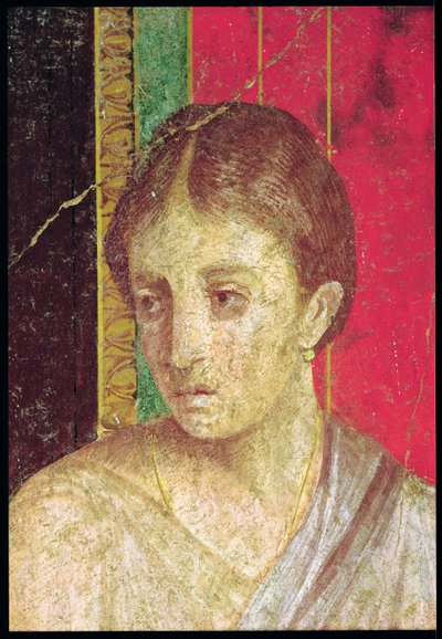 Szczegół głowy siedzącej Matki, ze sceny Katechizmu, Ściana Północna, Oecus 5, fresk 60-50 p.n.e. patrz także 20015 autorstwa Roman
