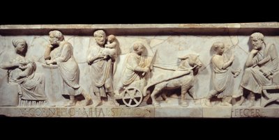 Fragment sarkofagu Marka Korneliusza Statiusa Około 150 rne - Starożytny Rzym: Twarz rzymskiego sarkofagu. Scena z życia dziecka dorastającego od narodzin do nauki. Paryż, Musee du Louvre autorstwa Roman
